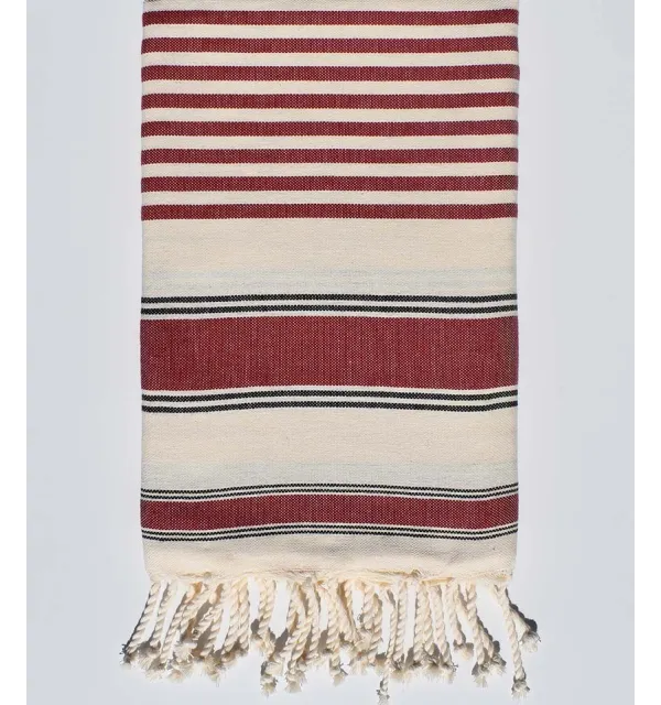 White cream, black and burgundy ziwane beach towel Fouta Tunisia - 1