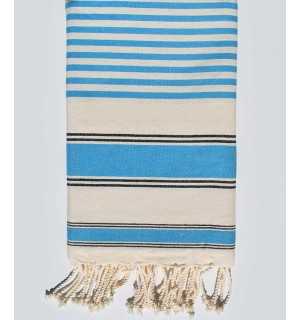 White cream, black and cerulean blue ziwane beach towel Fouta Tunisia - 1