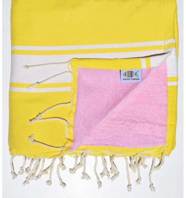 yellow and light pink sponge Beach towel Fouta Tunisia - 1