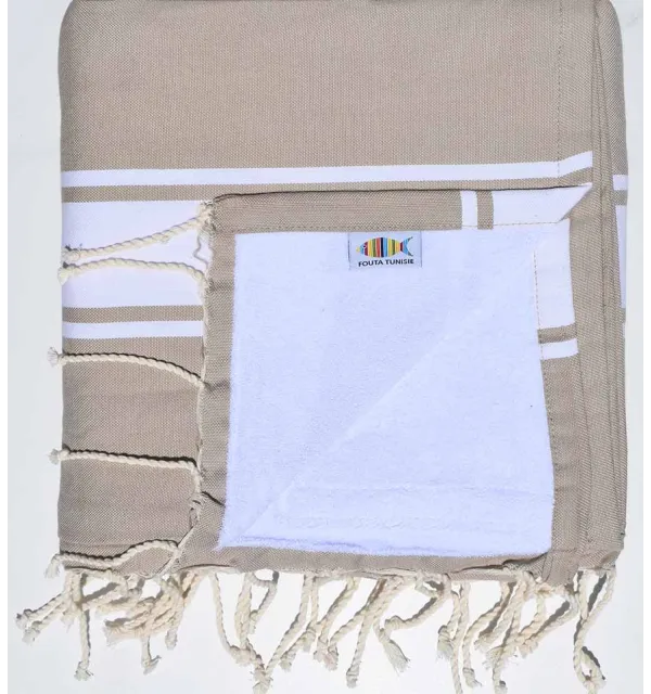 Dark beige and white sponge Beach towel Fouta Tunisia - 1