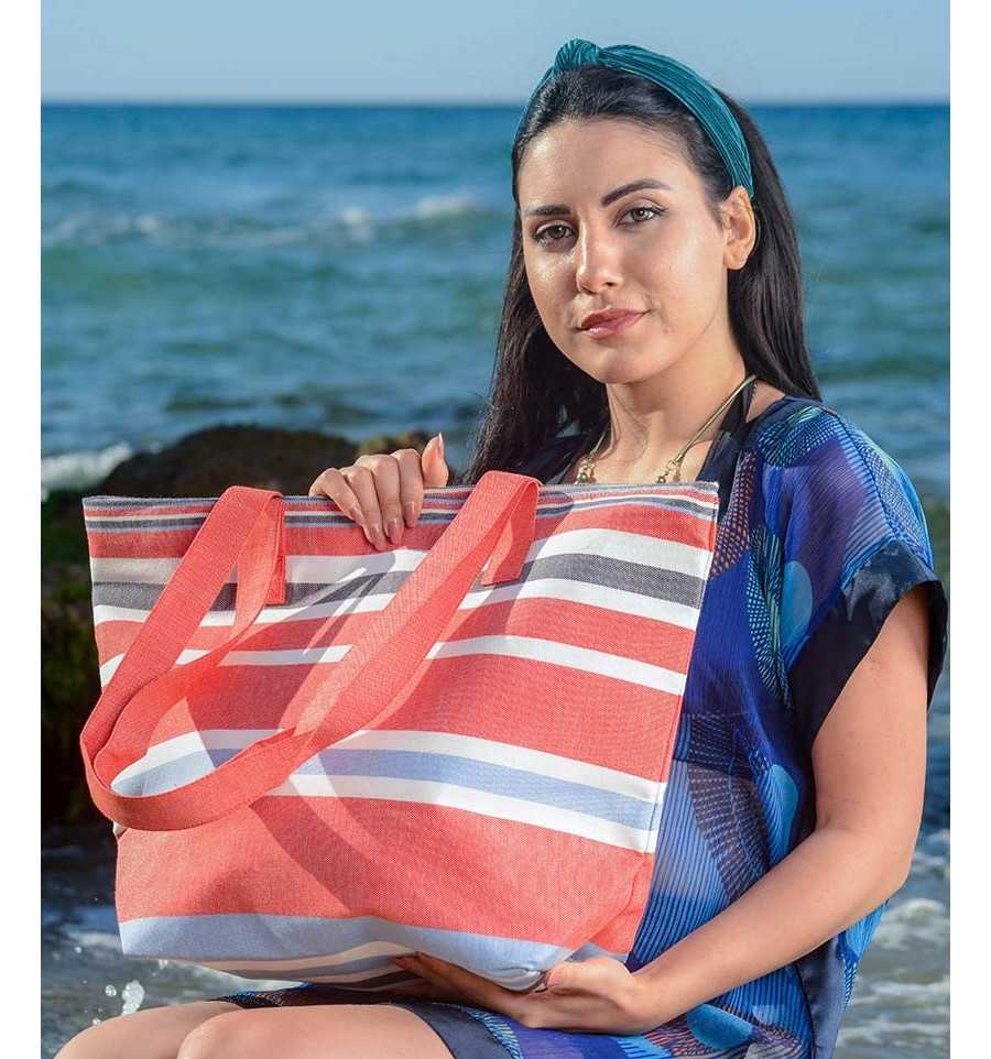 Red, white, blue and black gray beach bag - FOUTA TUNISIA