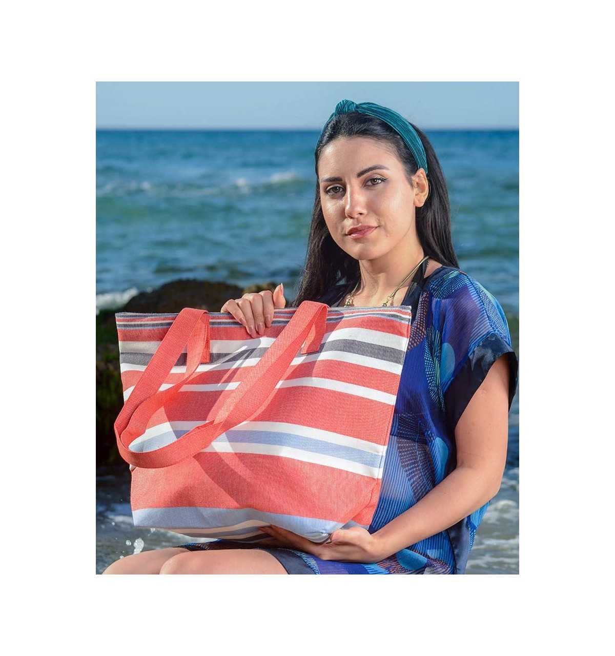 Red, white, blue and black gray beach bag - FOUTA TUNISIA