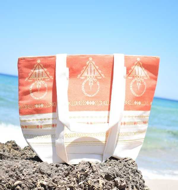 Cream white and orange khlela beach bag Fouta Tunisia - 1
