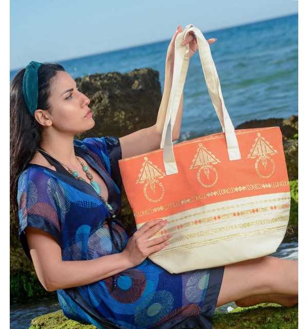 Cream white and orange khlela beach bag Fouta Tunisia - 2