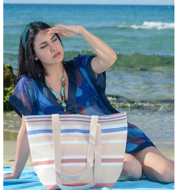 Burlywood, white, carmine red and blue Beach bag Fouta Tunisia - 2