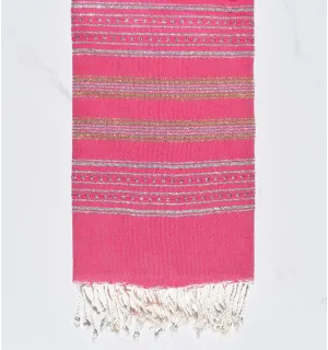 Flat fuchsia pink beach towel with silver and gold lurex Fouta Tunisia - 2 2