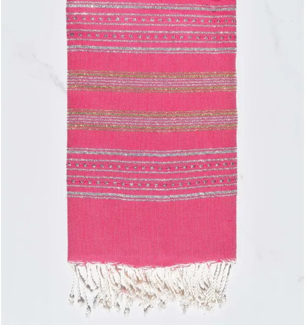 Flat fuchsia pink beach towel with silver and gold lurex Fouta Tunisia - 1