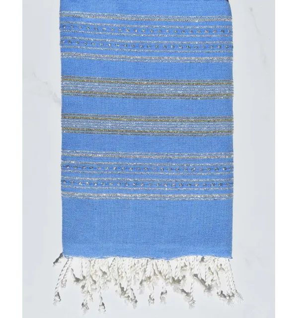 Blue flat beach towel with silver and gold lurex Fouta Tunisia - 1