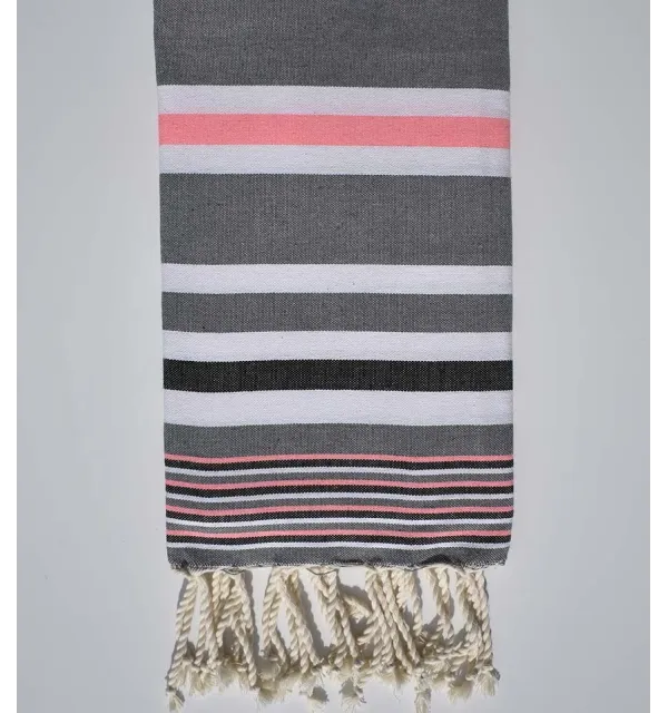Gray dina beach towel with white, neon pink and black stripes Fouta Tunisia - 1