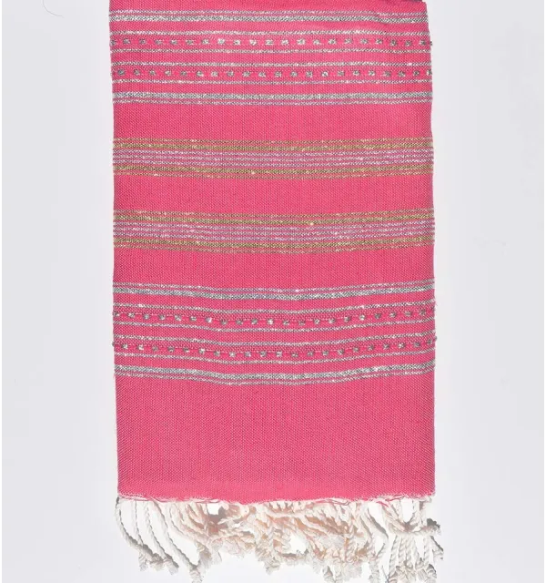 Flat fuchsia pink beach towel with silver and gold lurex Fouta Tunisia - 2