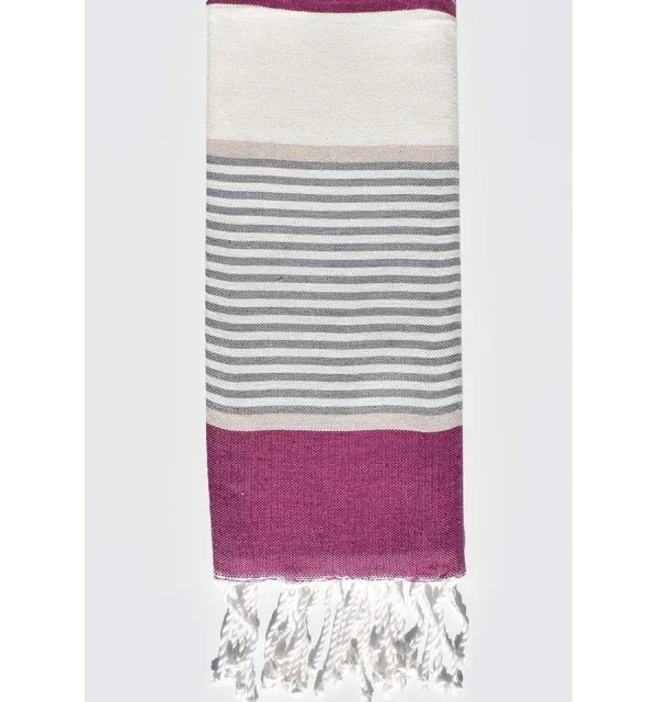 Cream white child beach towel with plum, beige and gray stripes Fouta Tunisia - 1