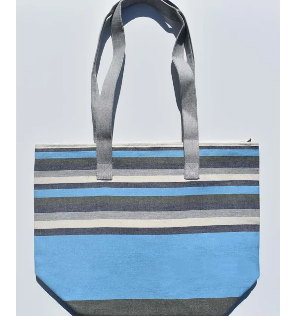 sky blue, gray, dark blue, creamy white and green beach bag Fouta Tunisia - 1