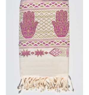 White cream Fouta with purple khomsa Fouta Tunisia - 1