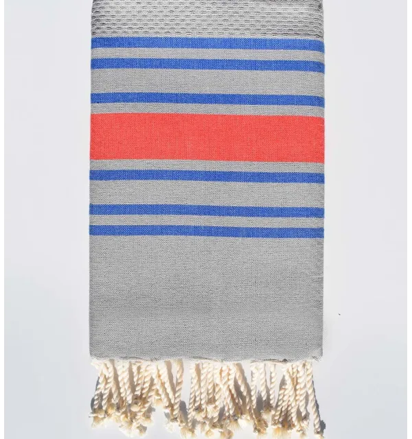Honeycomb gray striped blue and english red beach towel Fouta Tunisia - 1