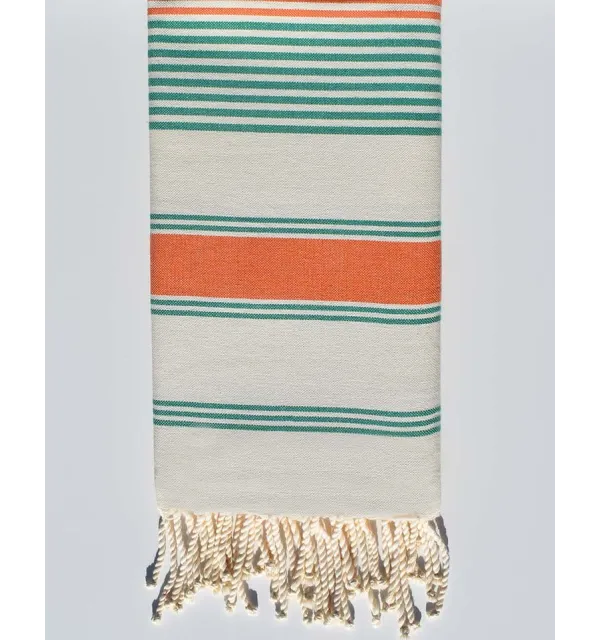 Cream white, orange and green dina beach towel Fouta Tunisia - 1