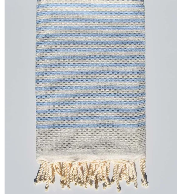Cream white honeycomb with light blue stripes beach towel Fouta Tunisia - 1