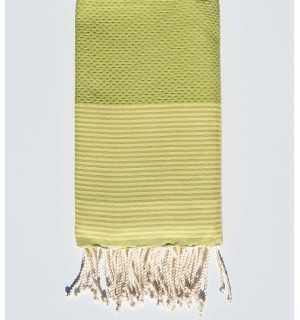 Pistachio green honeycomb beach towel with butter yellow stripes Fouta Tunisia - 1