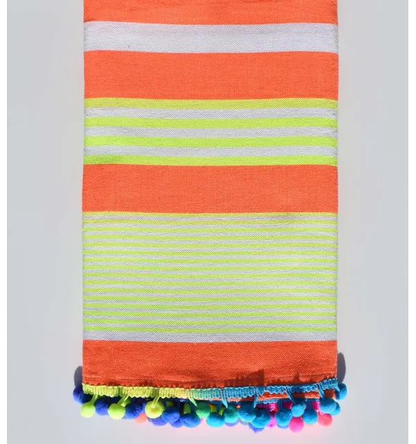 Pompon neon orange Beach towel striped white and fluorescent yellow  - 1