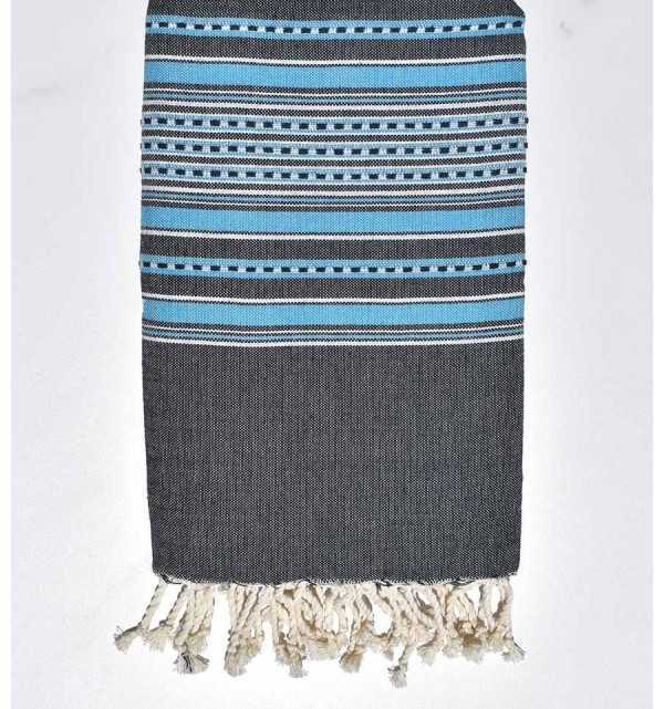Beach Towel dark blue arabesque with blue stripes Fouta Tunisia - 3