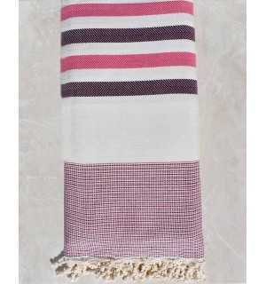 Thrown  ecru white, pink and purple eggplant Fouta Tunisia - 1 2