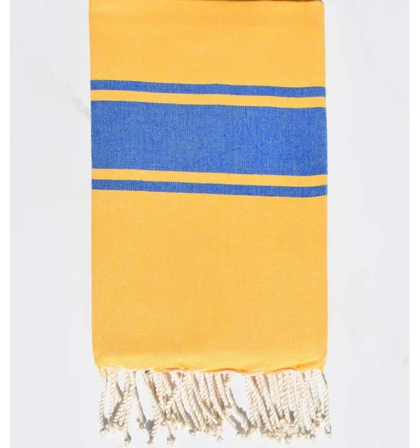Yellow flat beach towel with blue stripes Fouta Tunisia - 1