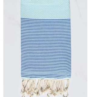Beach towel Honeycomb light blue with azure stripes Fouta Tunisia - 1