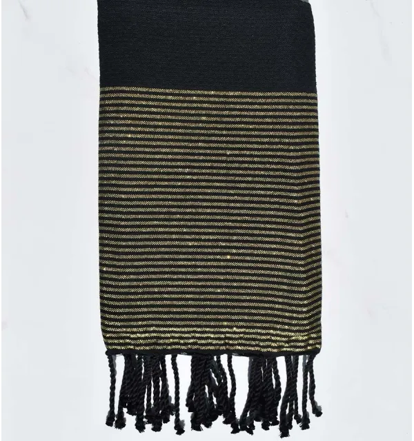 Black honeycomb beach towel with golden lurex Fouta Tunisia - 1