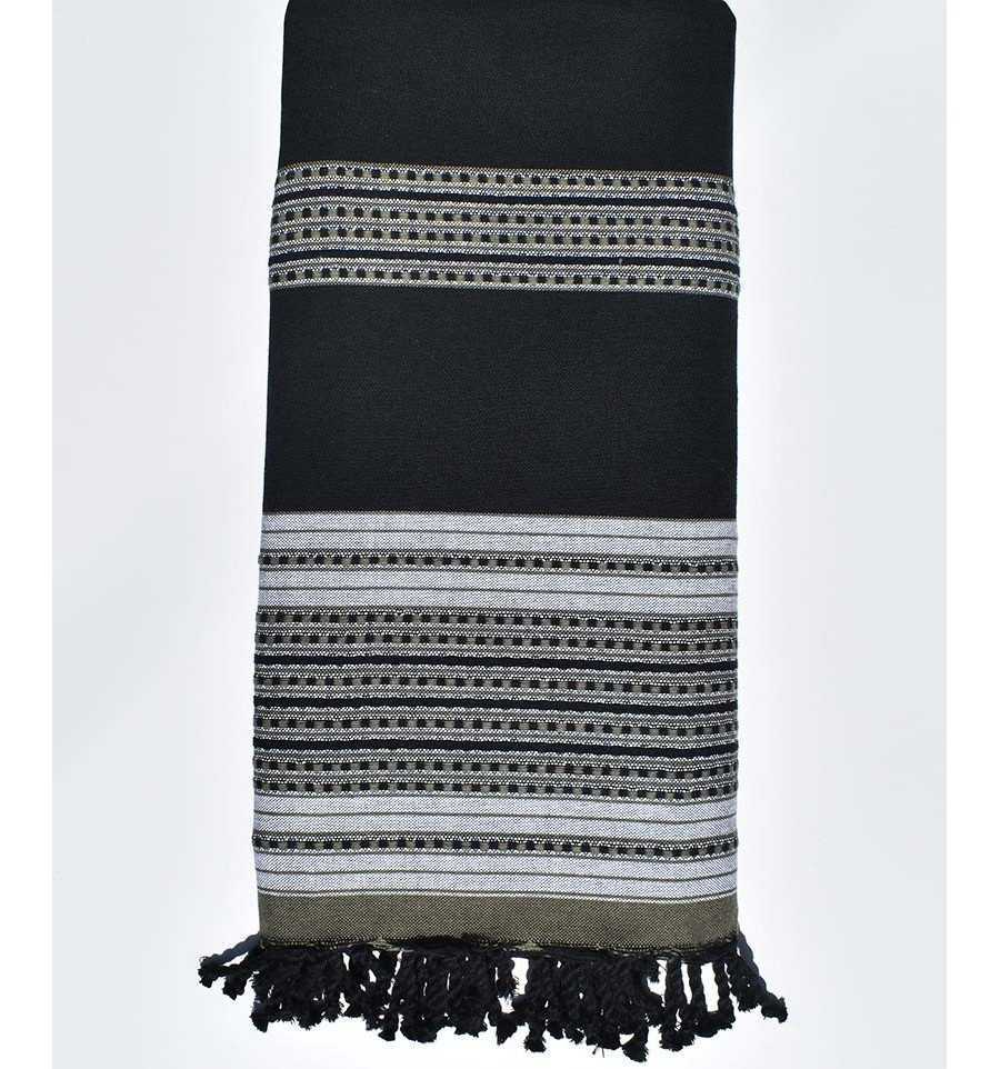 Arabesque black straped Army green and grey throw  - 1
