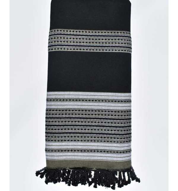Arabesque black straped Army green and grey throw  - 1