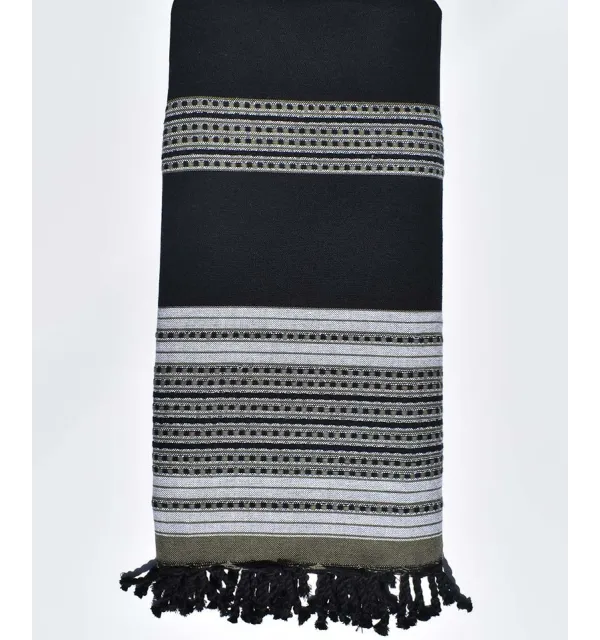 Arabesque black straped Army green and grey throw  - 1