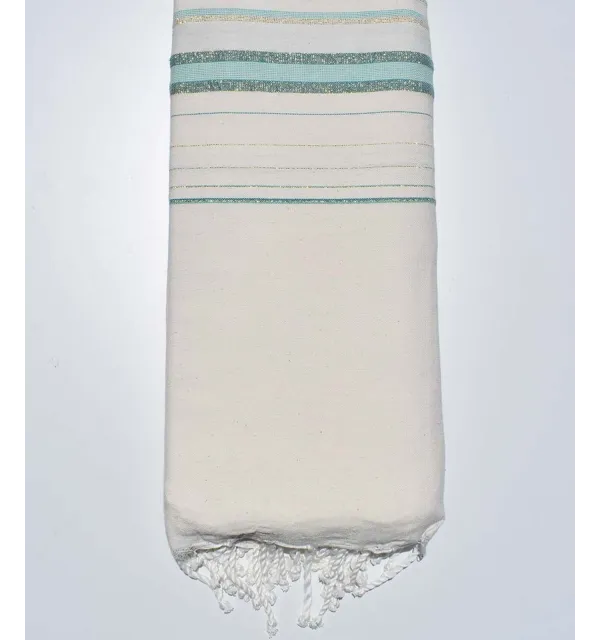 Fadhila light cream white, light green and blue with lurex throw Fouta Tunisia - 2