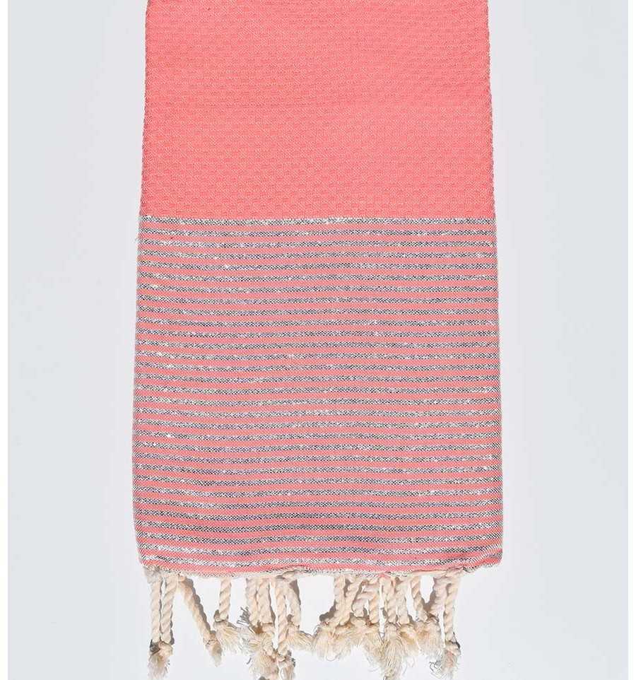 Light incarnadine pink honeycomb beach towel with lurex Fouta Tunisia - 1