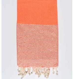 Coral orange honeycomb beach towel with lurex Fouta Tunisia - 1