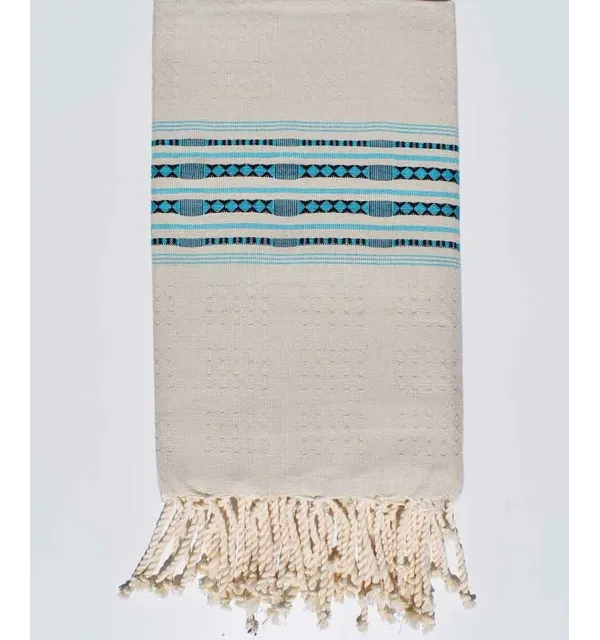Thalasso ecru with blue azure  patterns fouta Fouta Tunisia - 1