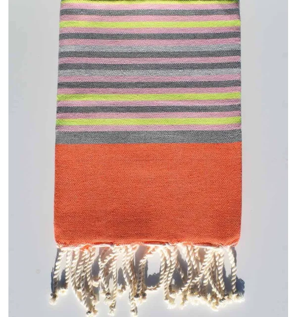 Orange, gray, light pink and neon yellow children's beach towel Fouta Tunisia - 1