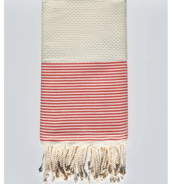 Cream white honeycomb beach towel with red nasturtium stripes Fouta Tunisia - 1