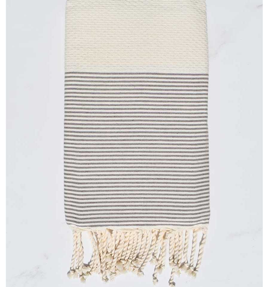 Cream white honeycomb striped taupe beach towel  - 1
