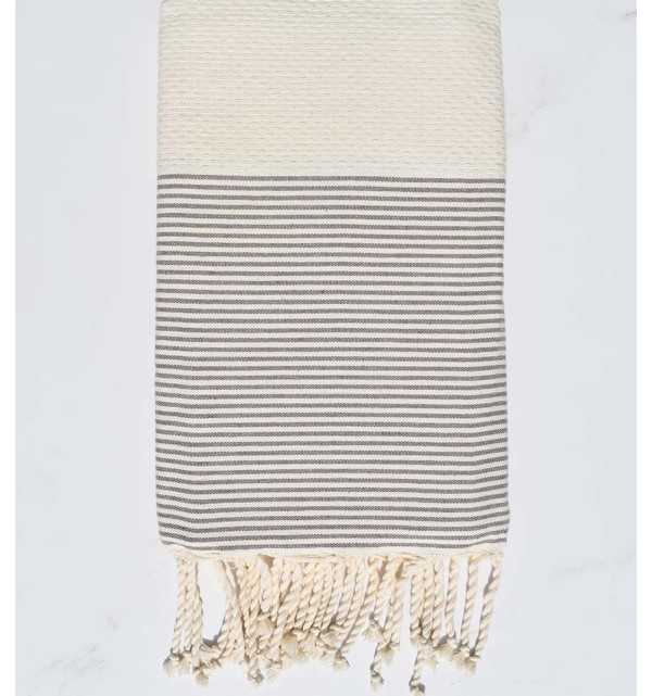 Cream white honeycomb striped taupe beach towel  - 1