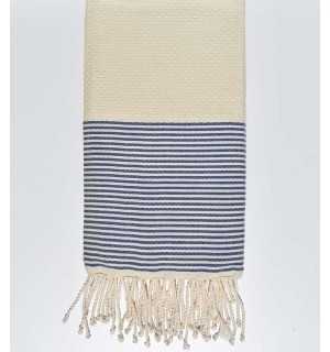 Ecru honeycomb beach towel with dark blue stripes Fouta Tunisia - 1