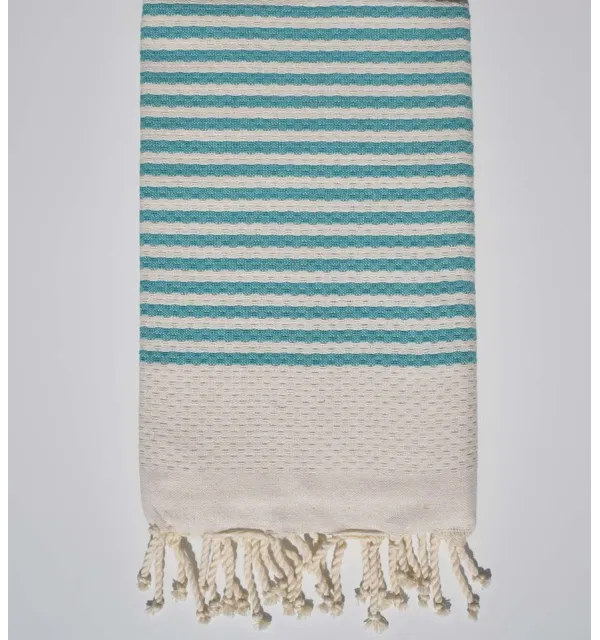 Honeycomb beach towel with teal stripes 1 cm Fouta Tunisia - 1