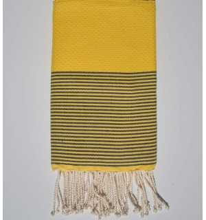 Yellow honeycomb beach towel with slate stripes Fouta Tunisia - 1