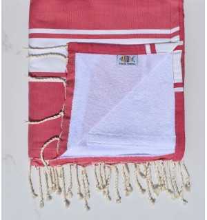 beach towel, doubled sponge dark pink and white Fouta Tunisia - 1