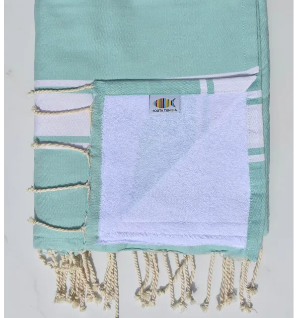 beach towel,doubled sponge green opaline and White Fouta Tunisia - 1