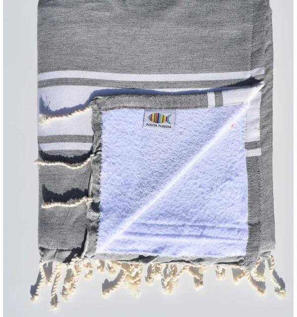 Beach towel doubled sponge medium gray and white Fouta Tunisia - 1