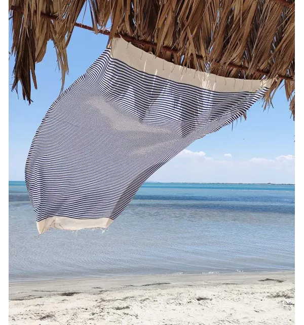 Honeycomb light beige striped 1 cm blue stripes fouta  - 1