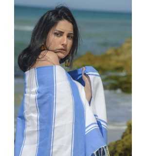 Flat white and blue Fouta Fouta Tunisia - 1