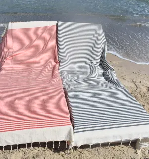 honeycomb light beige beach towel with stripes 1 cm charcoal color  - 1 2