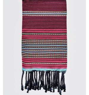 Pink arabesque beach towel with black and light blue stripes Fouta Tunisia - 1