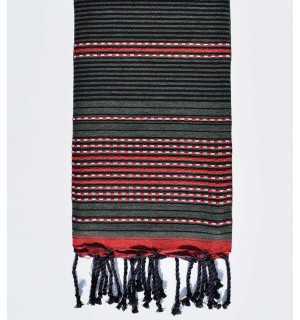 Beach towel arabesque military green, red and black Fouta Tunisia - 1