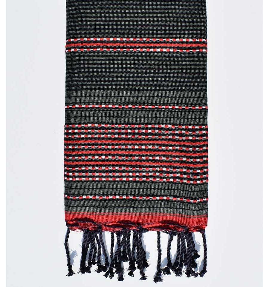 Beach towel arabesque military green, red and black Fouta Tunisia - 1